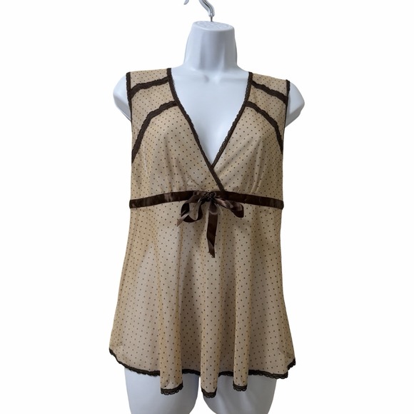 Shameless Tops - Womens Mesh Sheer Babydoll Lace Trim Tank Top Size L Beige Y2K Festival Fairy